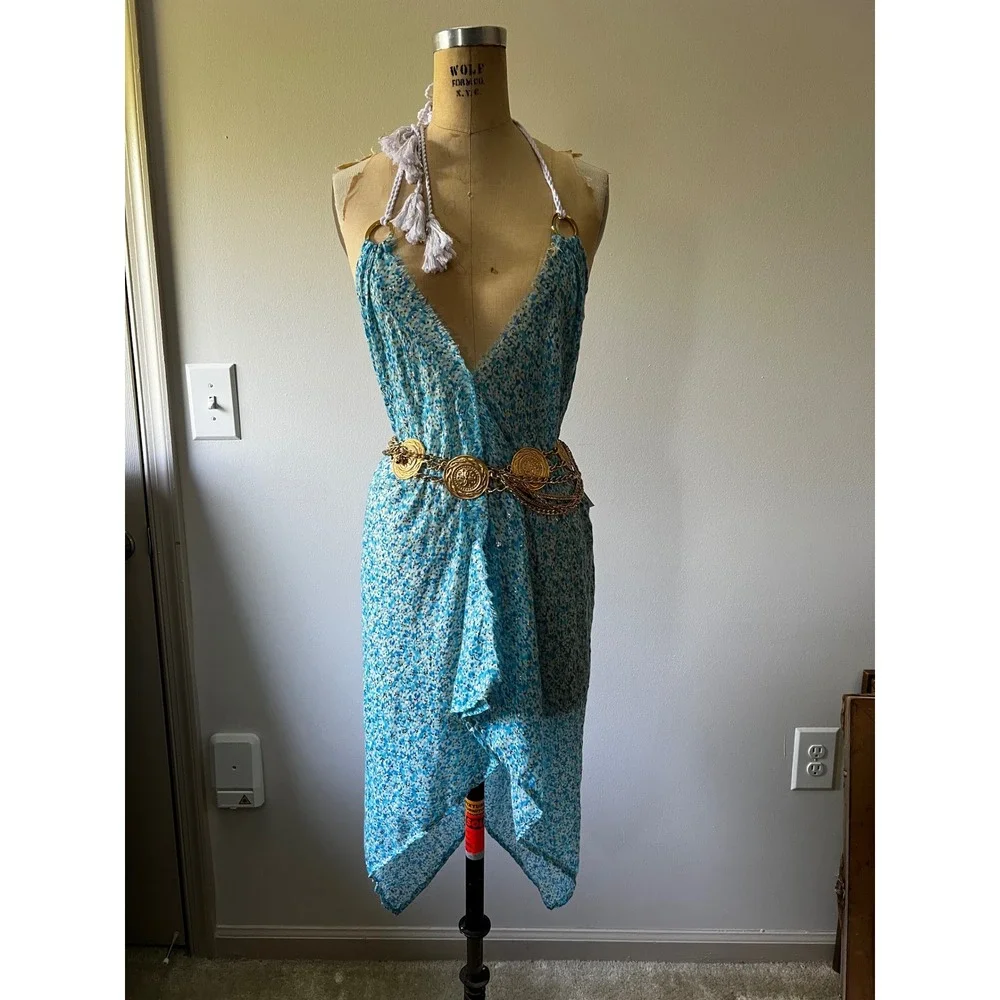 Pop St Barth Blue Floral Gold Foil Halter Cover Up Dress Euro Vacation Chic OS